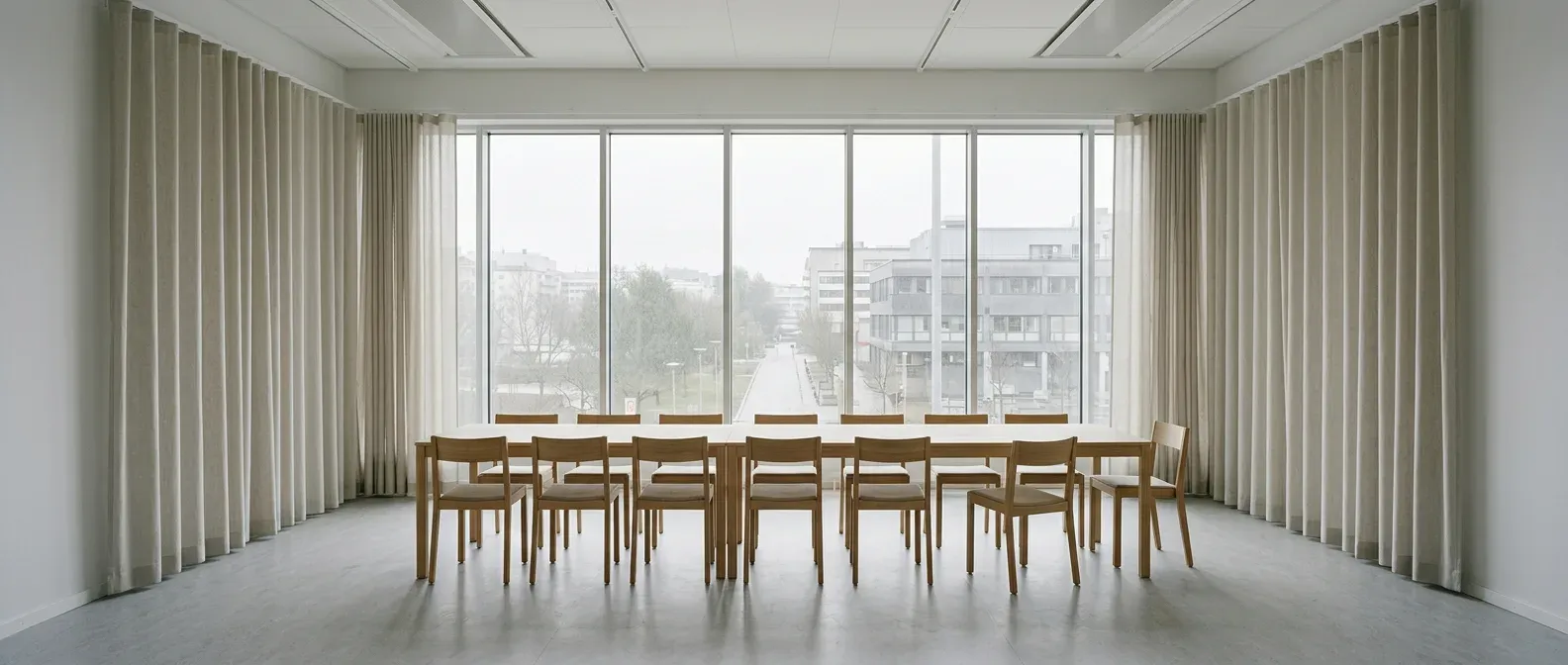 Konferensrum med raka, golvlånga gardiner